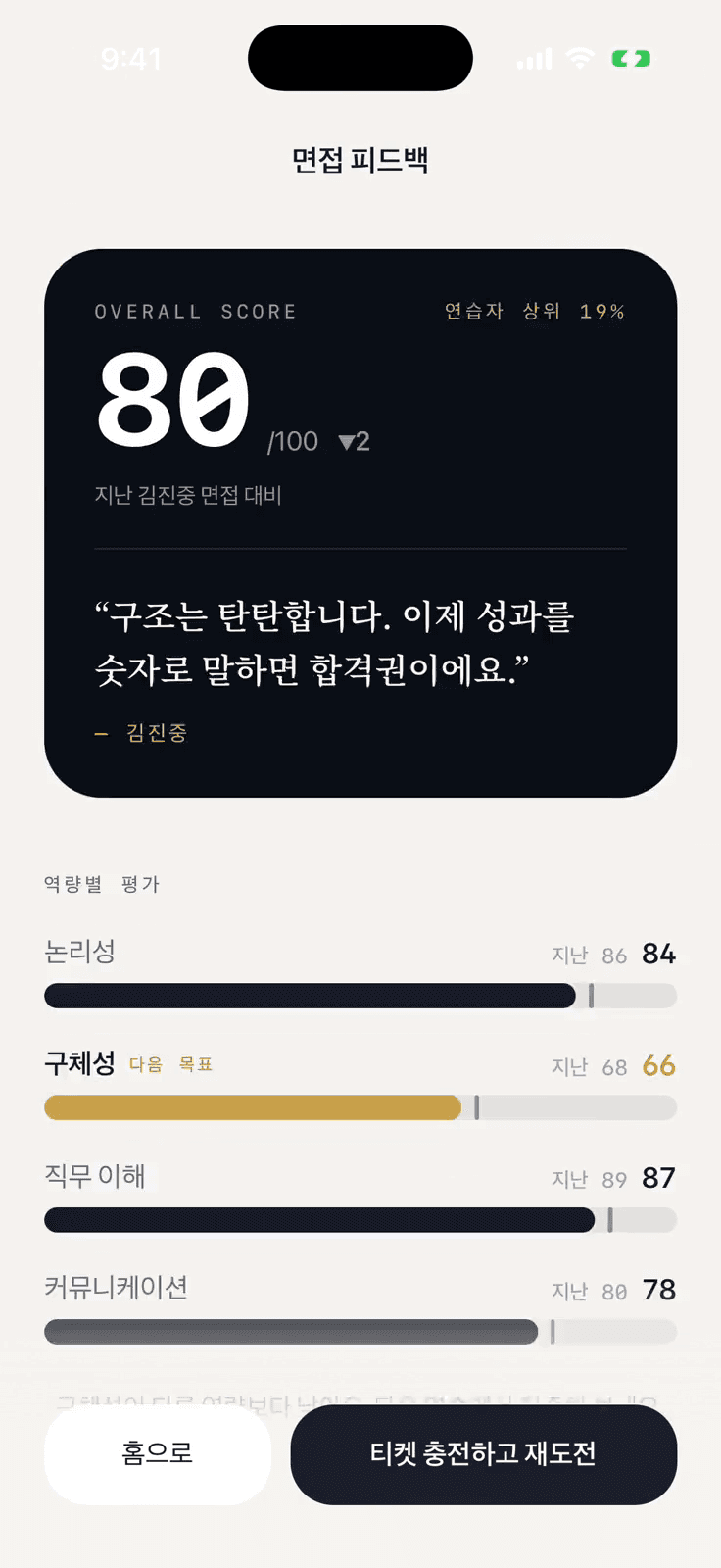 점수와 역량별 평가가 담긴 면접 피드백 리포트 화면
